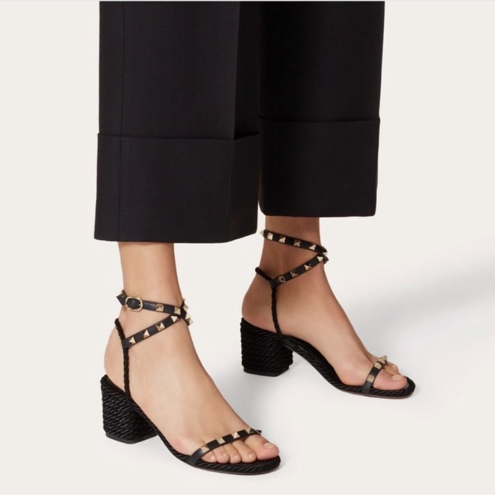 Valentino Garvani Rockstud Leather Rope Ankle Strap Sandals 65 MM Heel Black 39 - Picture 11 of 16